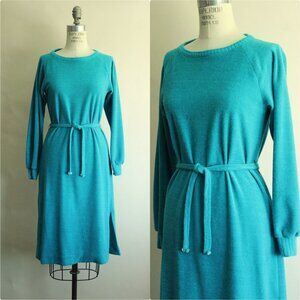 Vintage 1970s 1980s Dress with Belt, Jonathan Logan Blue Terry Cloth